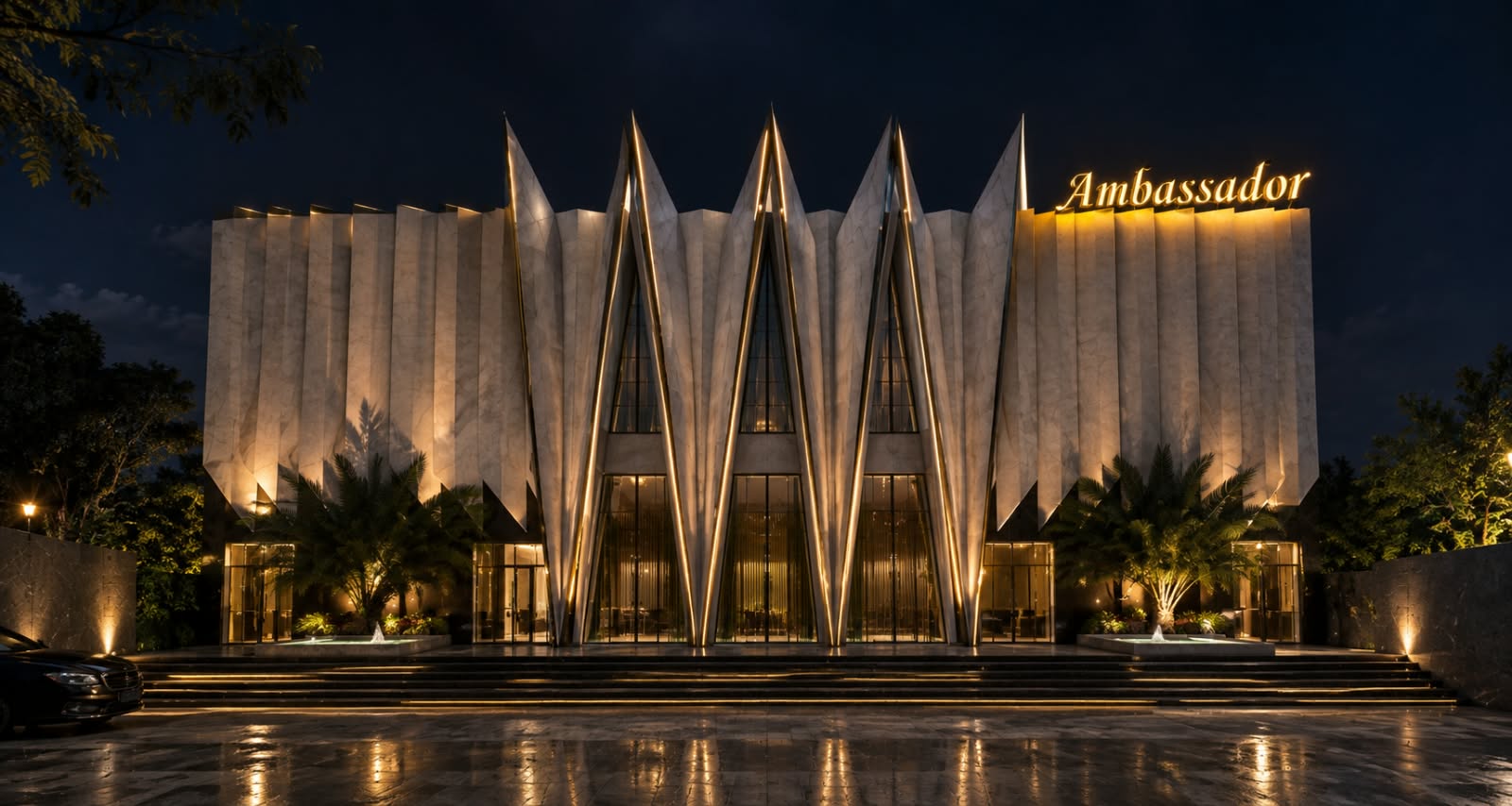 Ambassador Banquet, lit up at night
